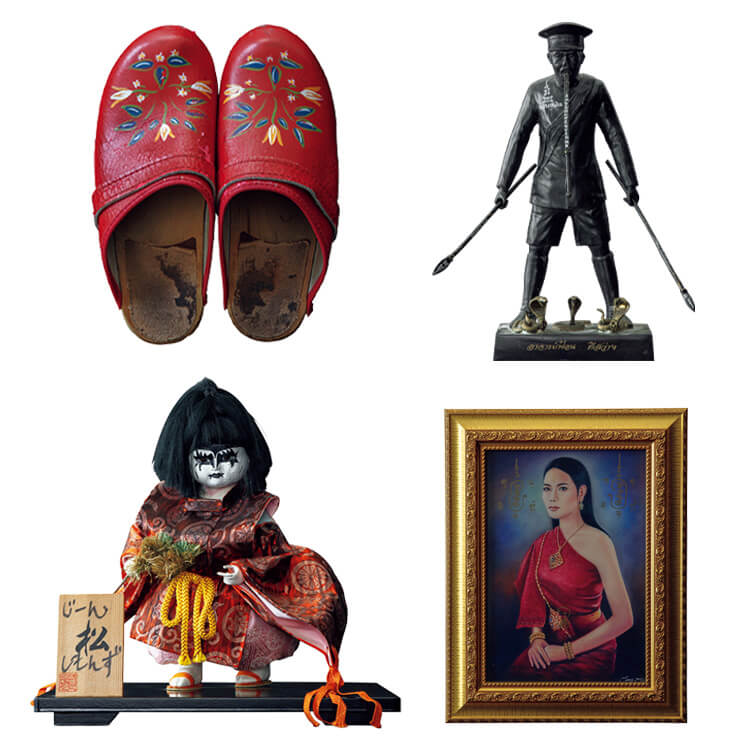 歩く木靴、じーん松しもんず／市松人形、呪術師のアジャン・フォンの立像、ピー・メイ・チャルワン／タイのおばけのチャルワン母さんの肖像