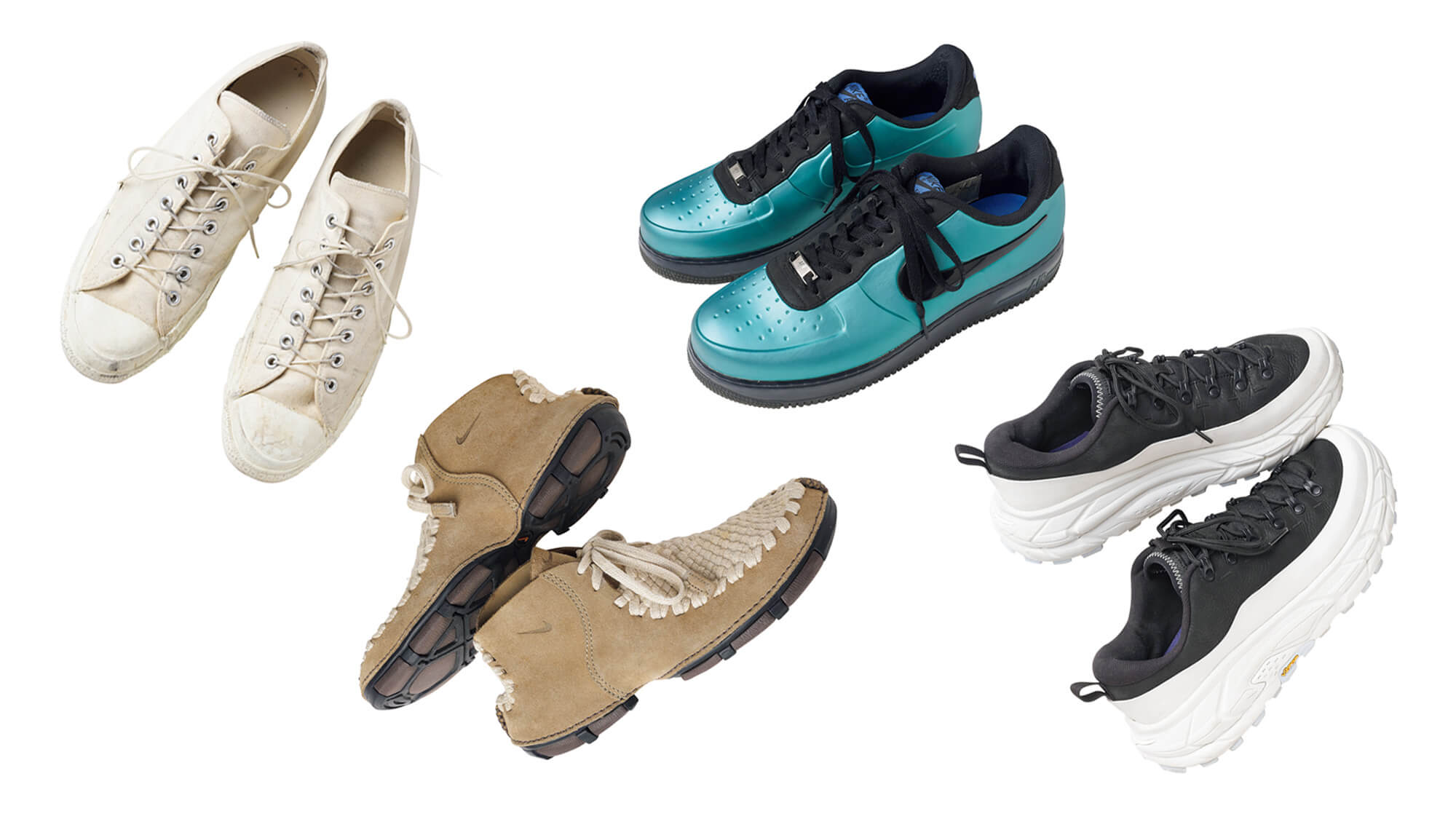 70s US ミリタリー トレーニングシューズ、〈NIKE〉AIR FORCE 1 FOAMPOSITE PRO LOW、〈NIKE〉CONSIDERED BOOT、〈Hidden Characters〉×〈 HOKA〉TOR SUMMIT 2