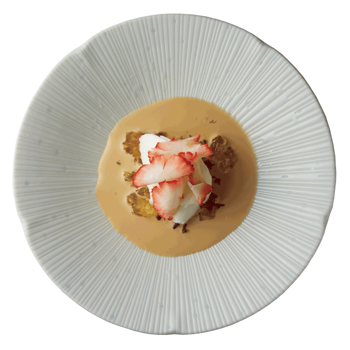 アイスのライチ紅茶ソース、桃の樹脂添え