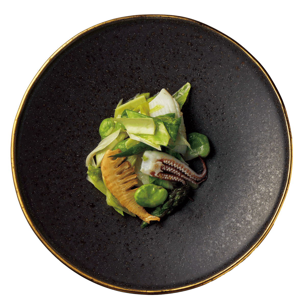 ヤリイカと春野菜炒め ウルイ、空豆、アスパラ、スナップえんどう