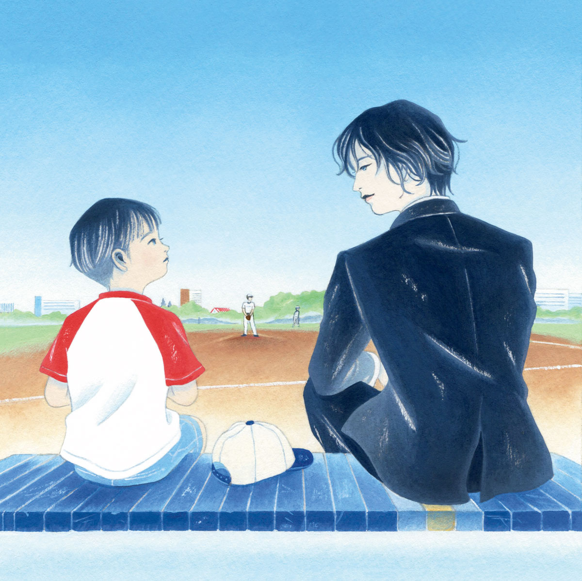スーツの男と子供がベンチに座っているイラスト