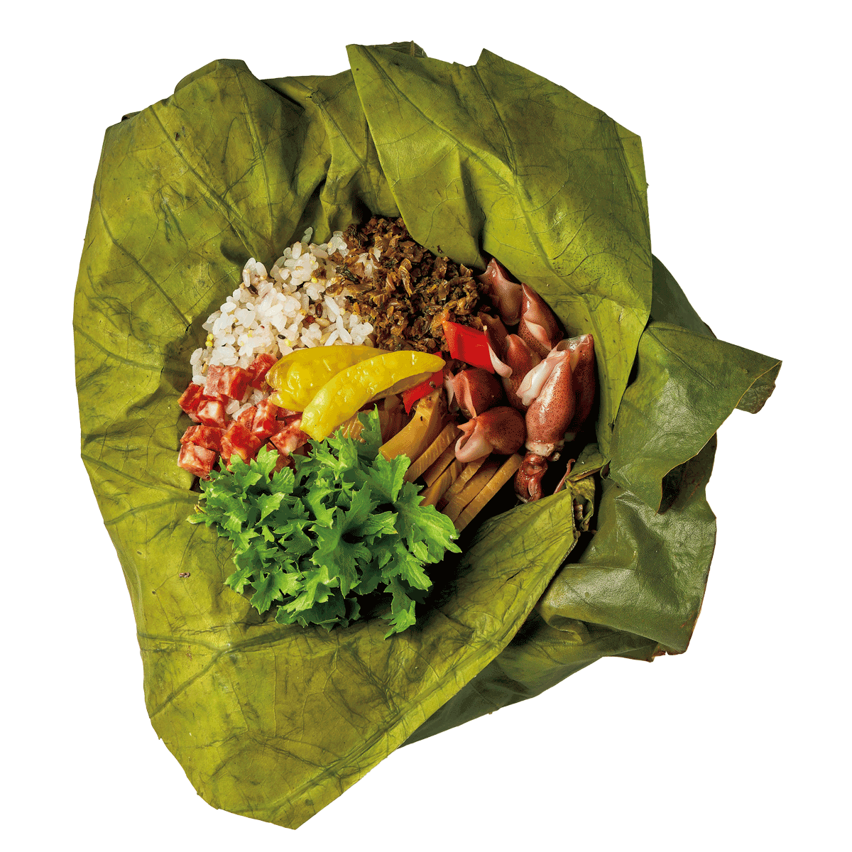 蓮蒸し筍ご飯 ホタルイカ、ヤーツァイ、干し肉添え