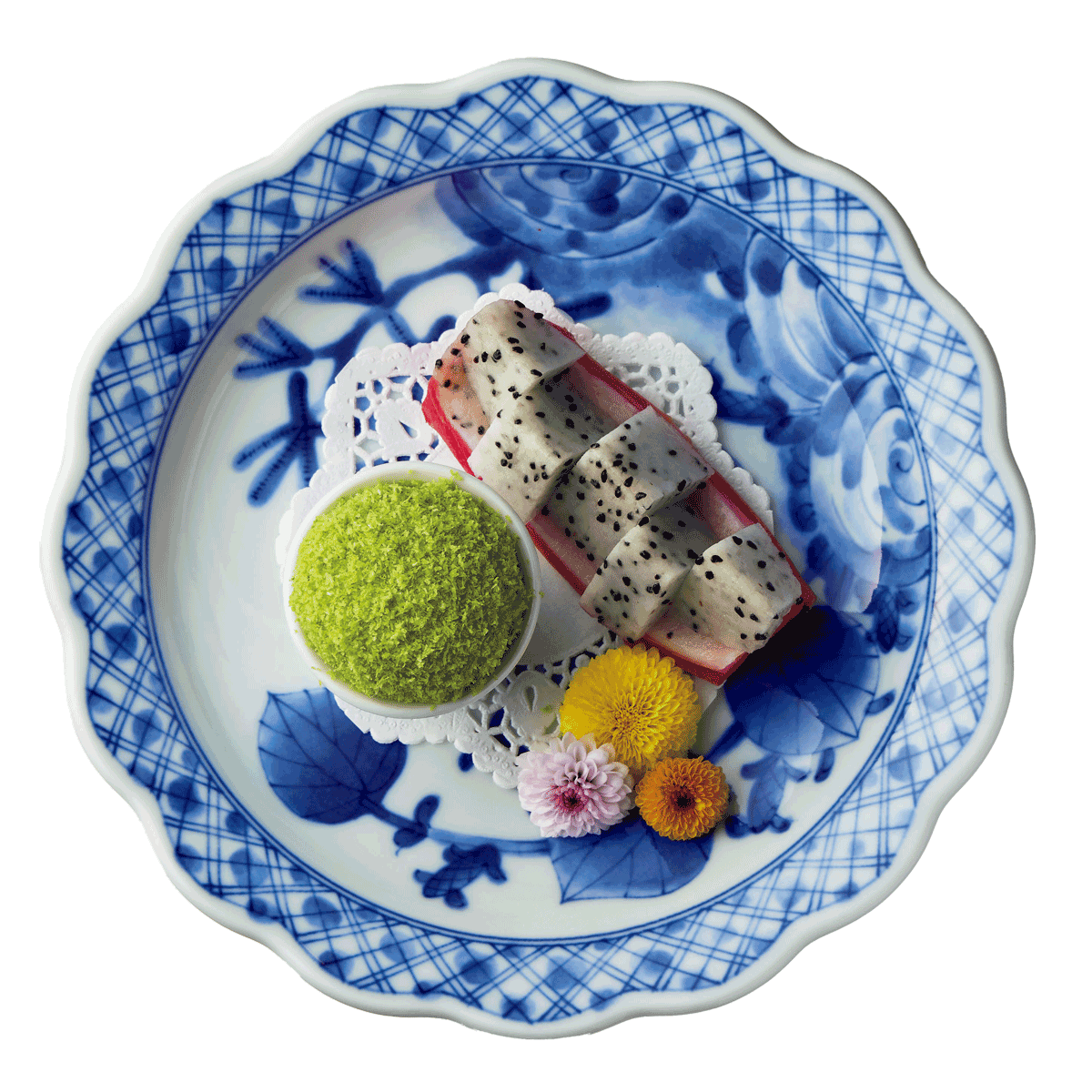 抹茶とココナッツの白玉、ドラゴンフルーツ