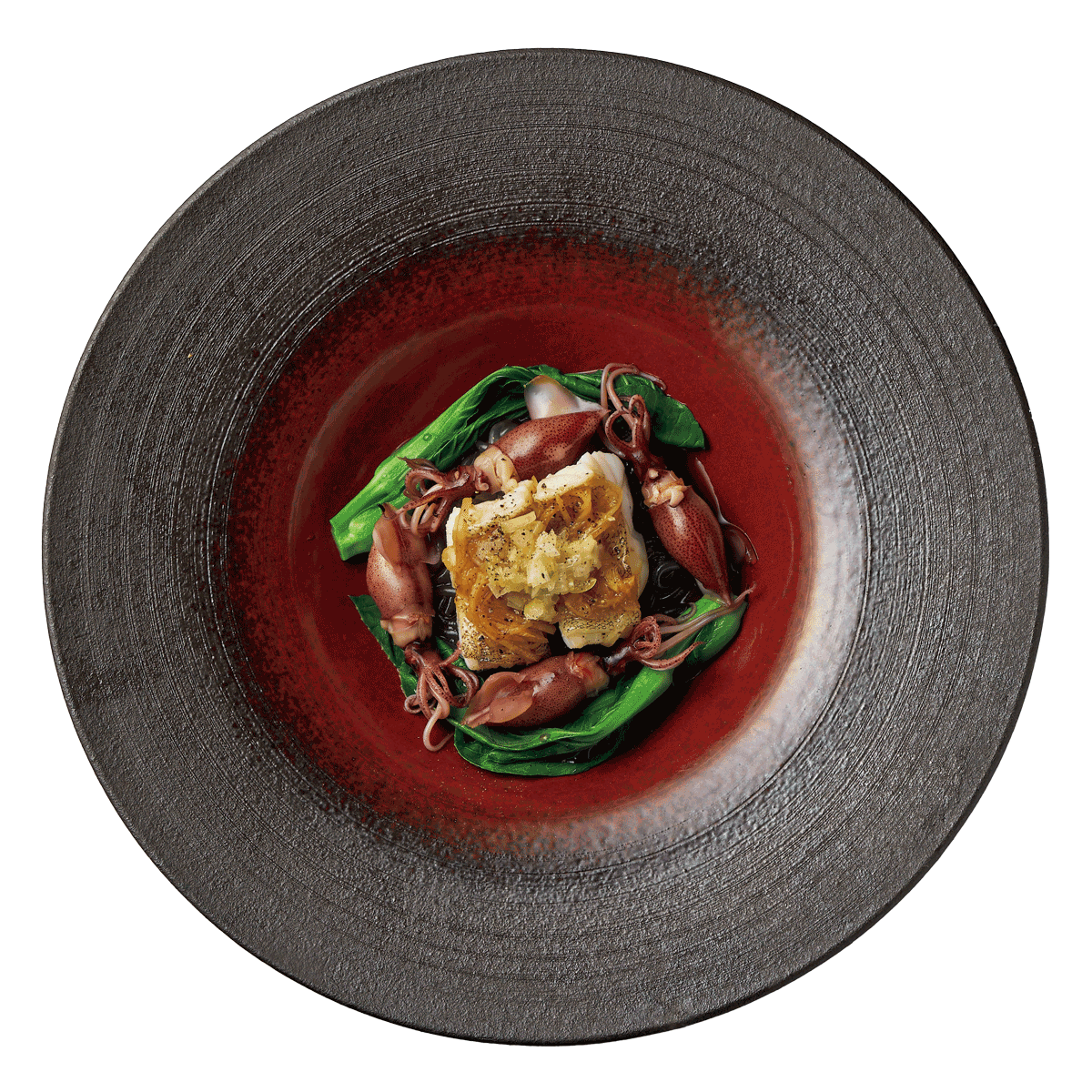 アオハタ蒸し 自家製発酵ソース ホタルイカ添え