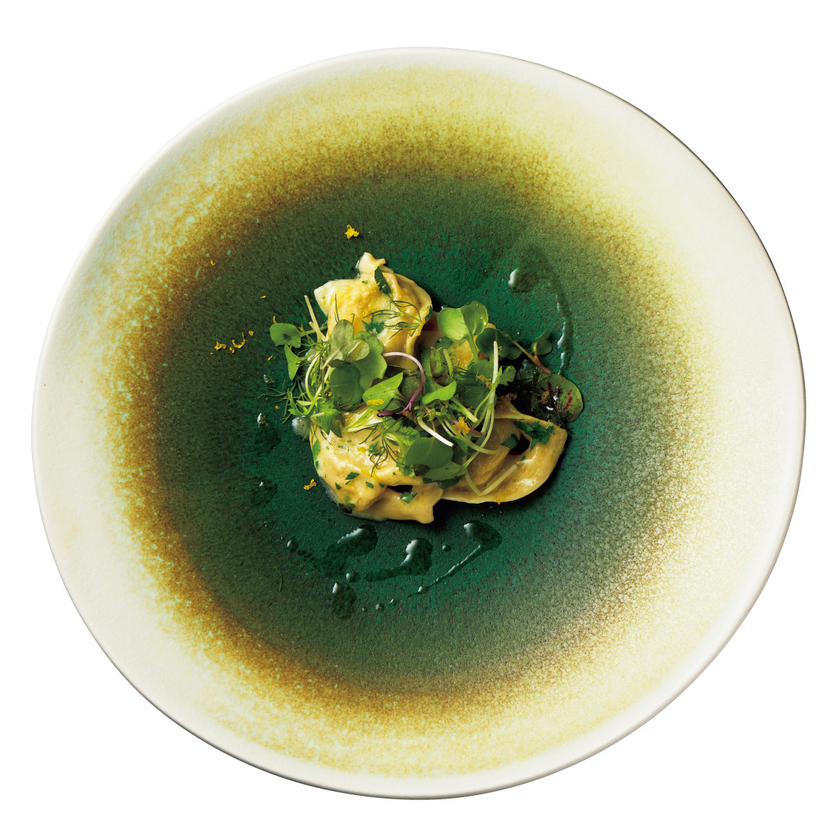 牡蠣クリームのラビオリ、柚子とハーブのソース