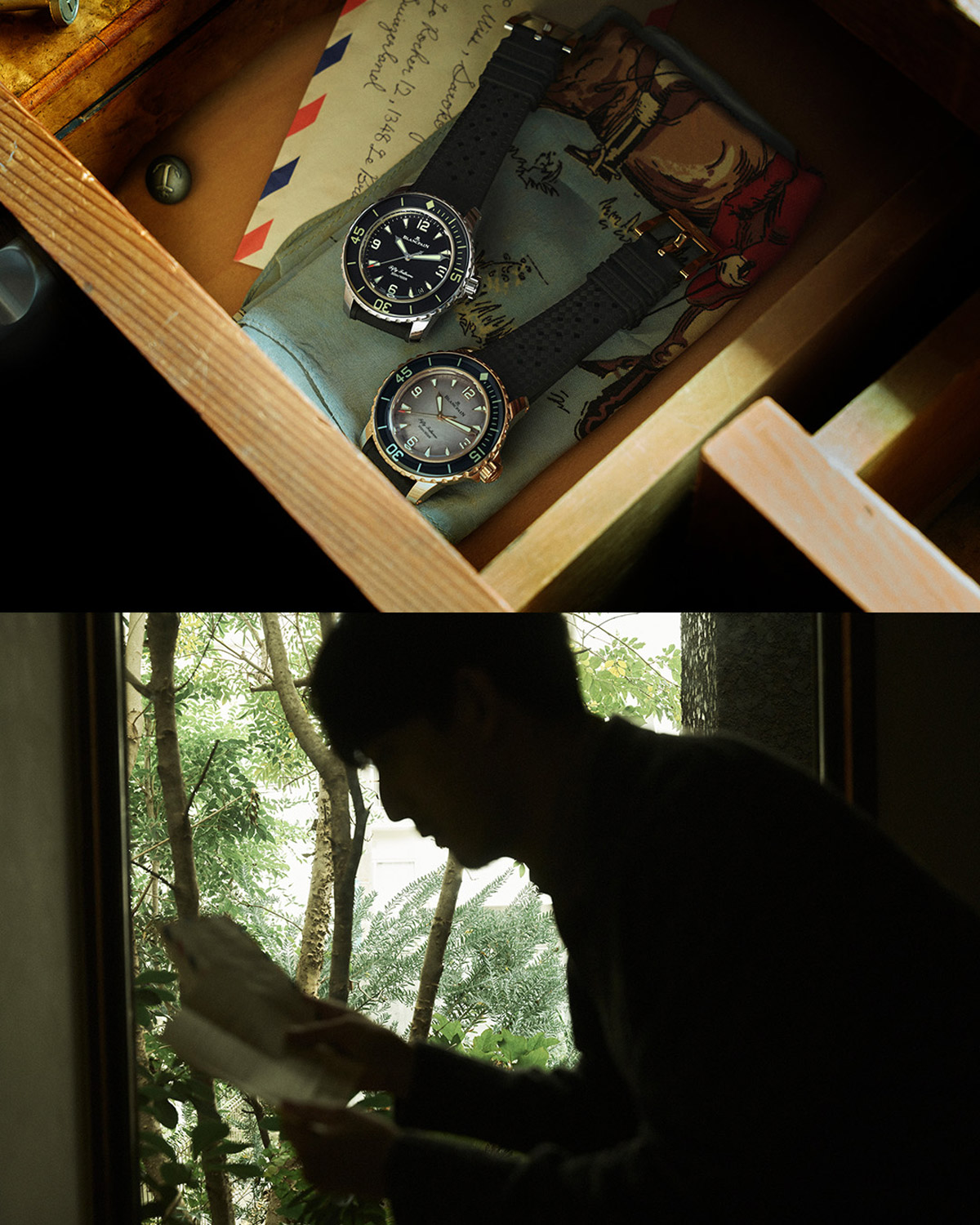 時計と手紙を読む男性