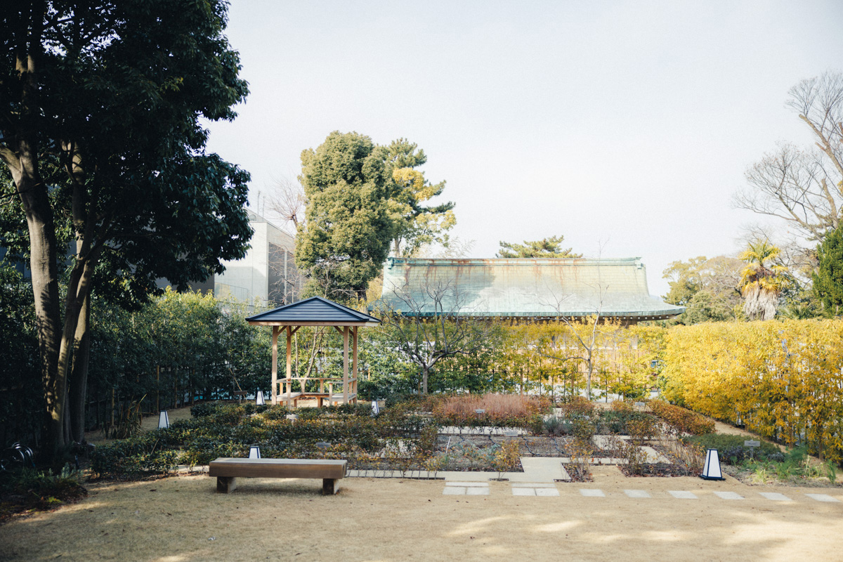 ハーブガーデンの向こうに見える、豊国神社の社殿